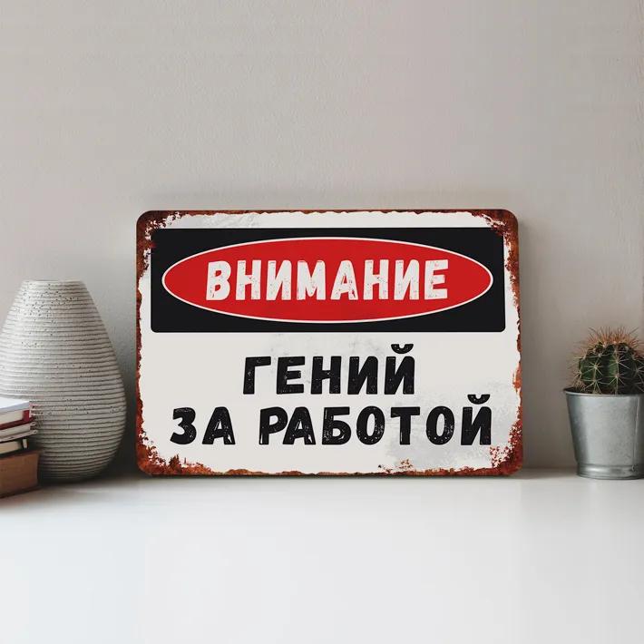 Предупреждение! Гений за работой Смешная металлическая табличка 30х20см, Юмор для офиса Настенный декор